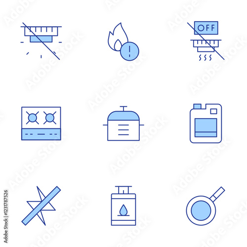 Hotel Management icons set. Line Duotone style, editable stroke. dawn soap, electric outage in apt, fire in apt, burner, pot, pan, propane tank, tamper smoke alarm, disable smoke alarm