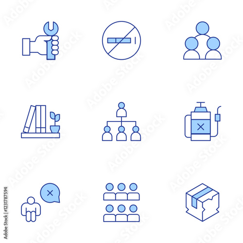 Hotel Management icons set. Line Duotone style, editable stroke. do not leave unattended, pest service roaches bed bugs, cardboard box broken down, shelf, guests, community manager
