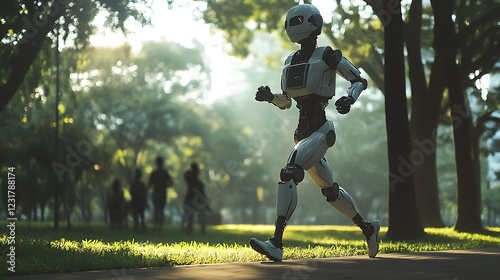 A humanoid robot jogging alongside humans in a park during the morning.