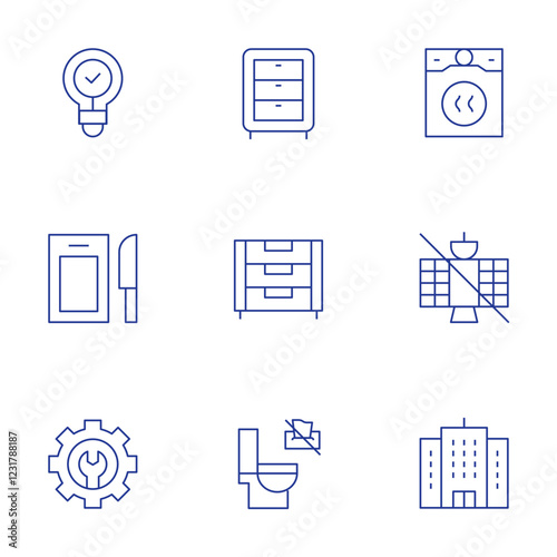 Hotel Management icons set. Thin Line style, editable stroke. cutting board, light bulb, dresser, clean dryer lint out each load, TV satelite dish outside