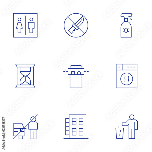 Hotel Management icons set. Thin Line style, editable stroke. long time, toilet, pest service roaches bed bugs, put trash in dumpster, crime free, clean dryer lint out each load