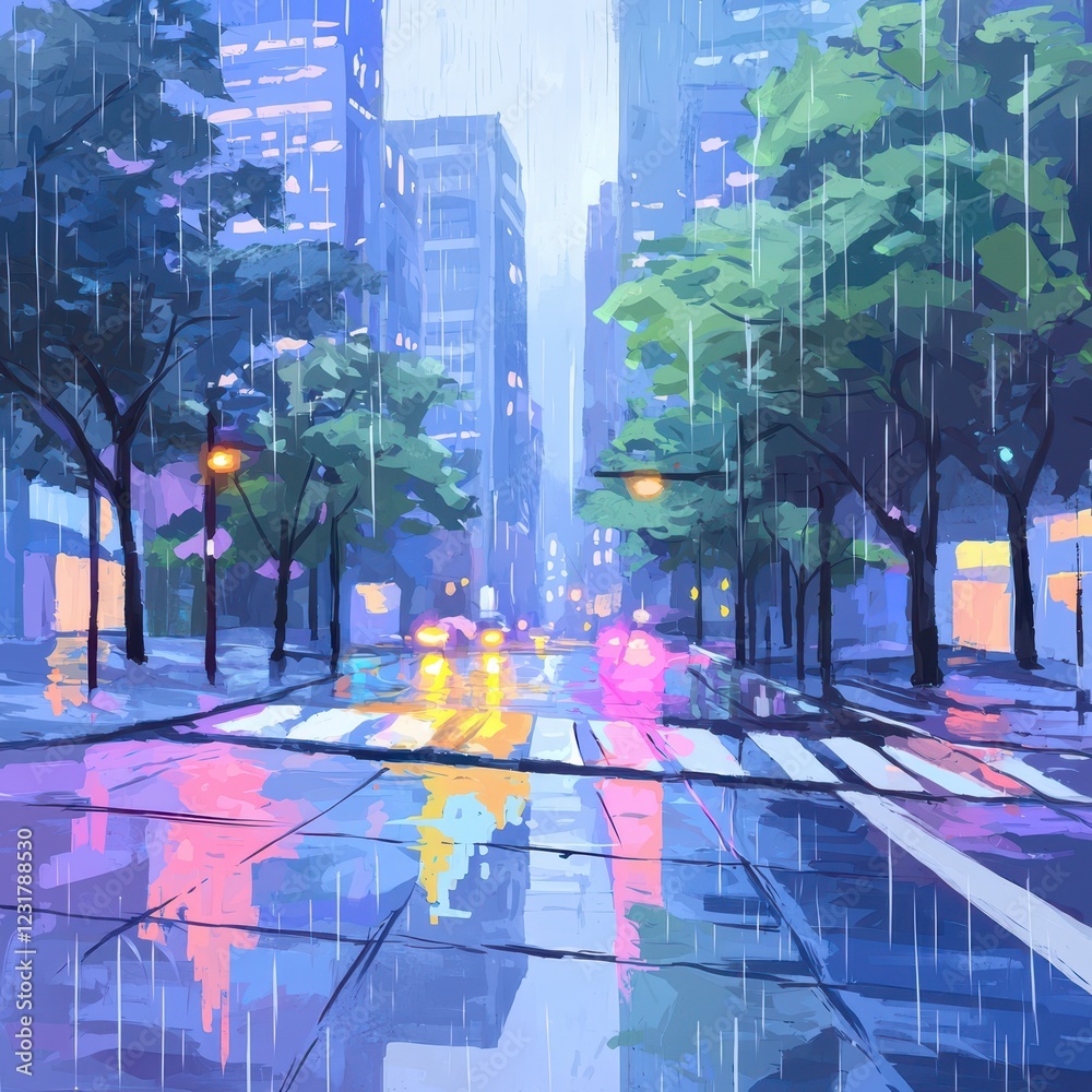 Obraz premium Rainy cityscape reflections urban environment digital art wet streets night view serenity in chaos