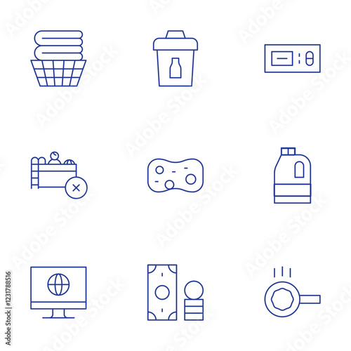 Hotel Management icons set. Thin Line style, editable stroke. soft sponge, bleach, clean clothes load, dispose of cooking oil