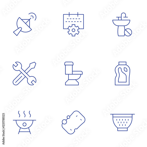 Hotel Management icons set. Thin Line style, editable stroke. soft sponge, bleach, bathtub strainer, toilet, work order, maintenance request, TV satelite dish, bbq, clog kitchen sink