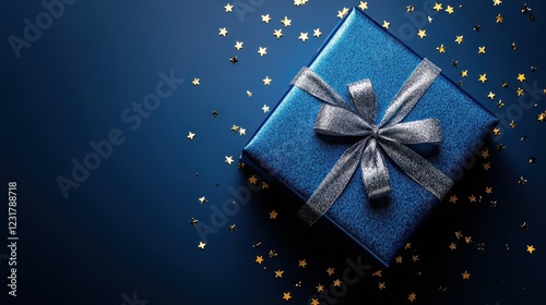 Elegant Blue Gift Box Silver Ribbon Surrounded Golden Star photo