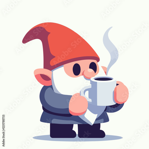 Garden Gnome Coffee Break: A charming illustration of a friendly garden gnome enjoying a warm cup of coffee, perfect for adding a touch of whimsy to your designs.  