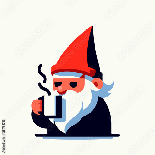 Garden Gnome Coffee Break: A cheerful cartoon gnome enjoys a warm beverage, radiating comfort and contentment. The illustration is in a minimalist, flat design style with bold, primary colors.