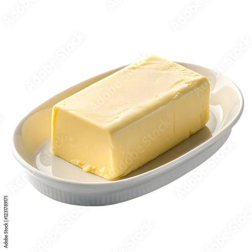 Fresh butter on white butter dish isolated on white background