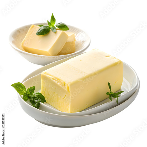 Fresh butter on white butter dish isolated on white background