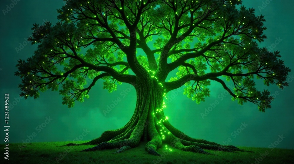 Enchanted Forest An ancient tree, glowing with ethereal lights, stands majestically on a tranquil grassy knoll under a mystical night sky. Enchanted Forest An ancient tree, glowing with ethereal lights, stands majestically on a tranquil grassy knoll under a mystical night sky.