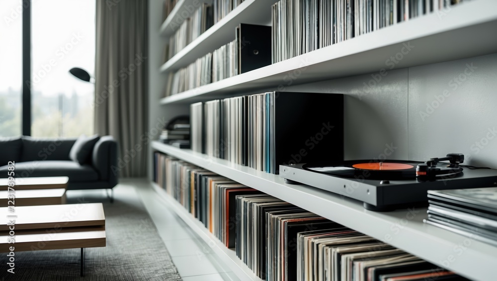 Stylish Modern Living Room with Vinyl Record Shelf and Turntable Stylish Modern Living Room with Vinyl Record Shelf and Turntable