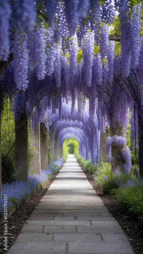 Obraz premium Serene Wisteria Pathway in a Tranquil Garden