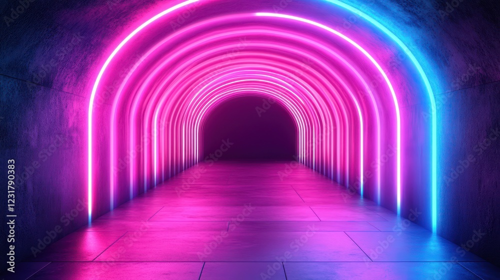 Fototapeta premium Neon Archway Tunnel, Pink Blue Glow, Concrete, Futuristic, Background