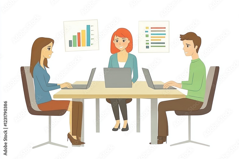Team collaboration, office meeting, data analysis, project discussion, laptops, charts Team collaboration, office meeting, data analysis, project discussion, laptops, charts