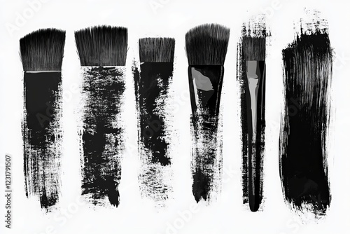 Various paint brushes with strokes on a clean surface showcasing tools for artists in a creative setting photo