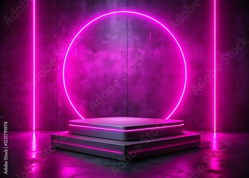 pink product stand with circle neon lights on brick wall background. 3d rendering podium