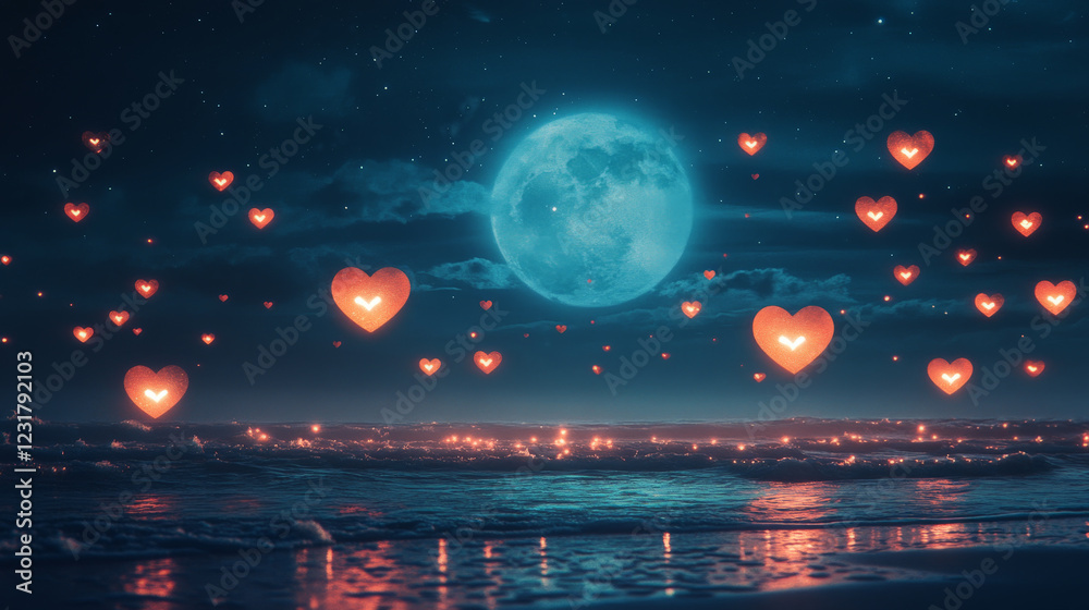 Fototapeta premium Glowing hearts float over a tranquil ocean under a full moon, a magical, romantic scene.