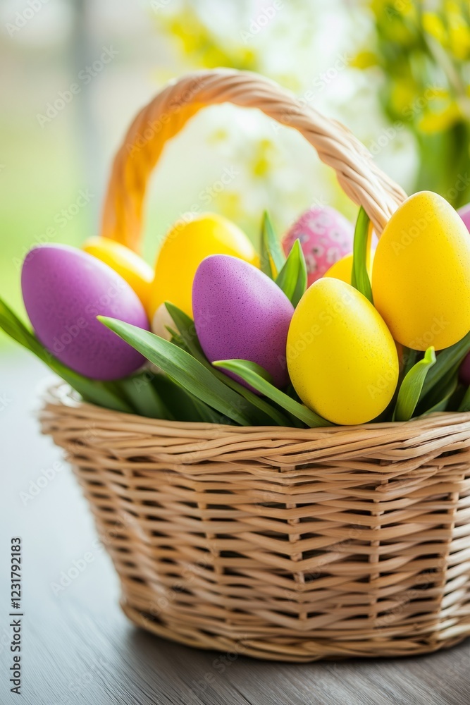 Wicker basket filled with vibrant yellow and purple Easter eggs, green leaves, soft-focus springtime background, festive concept Wicker basket filled with vibrant yellow and purple Easter eggs, green leaves, soft-focus springtime background, festive concept