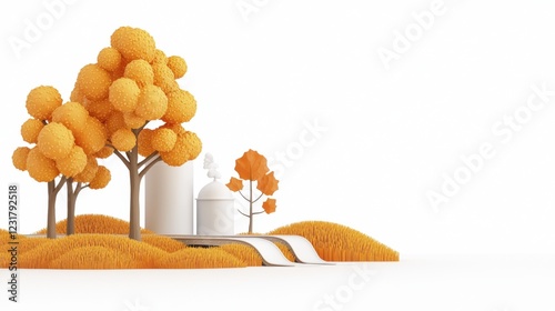 Autumnal 3D Render Orange Trees and White Structures on a Hill