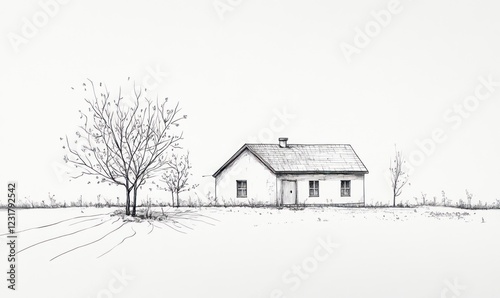 Simple House Drawing With Bare Trees In A Field