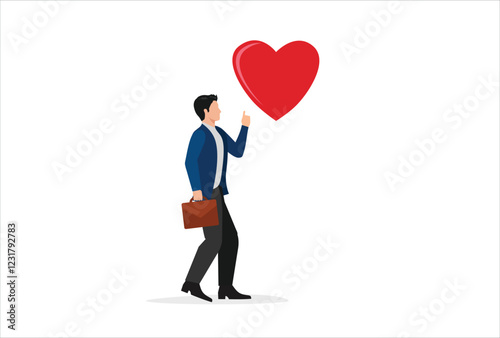 Work passion to motivate and inspire employee to achieve career success, love your job or happy and enjoy working dream job concept, happy businessman holding passionate heart shape walking to work.