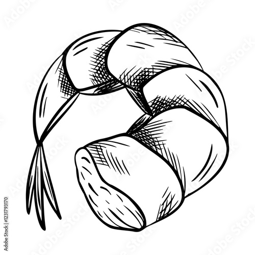 Vector peeled Shrimp Silhouette. Sketch of seafood. Hand Drawn Symbol. Monochrome illustration for icon, menu, package. Engraving Marine food art