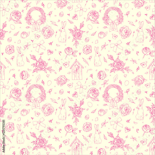 Easter seamless vector pattern with peones and rabbit on yellow background