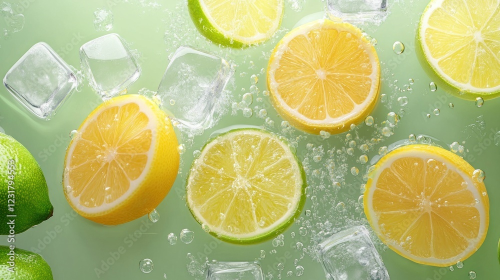 Lemons, limes, ice cubes in water. Lemons, limes, ice cubes in water.