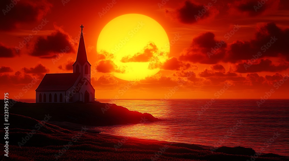 Obraz premium A church with a cross on its steeple silhouetted against a fiery orange sunset