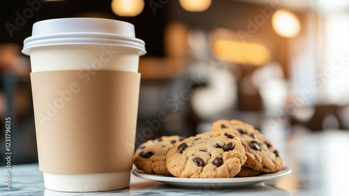 Eco-friendly biodegradable coffee cup with chocolate chip cookies on marble table