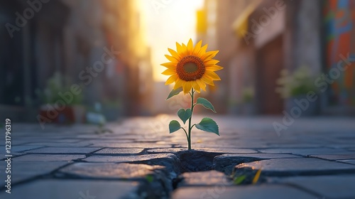 A single sunflower growing through a crack in the pavement, symbolizing resilience against a vivid urban backdrop.