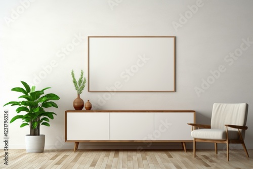 Wallpaper Mural Modern minimalist living room interior with white armchair, wooden sideboard, green plant, and empty frame hanging on a white wall, perfect for showcasing artwork or photography Torontodigital.ca