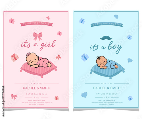 Set of two templates girl or boy gender reveal party invitation design, vector illustration.