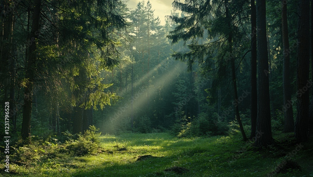 Fototapeta premium A forest with sunlight shining through the trees