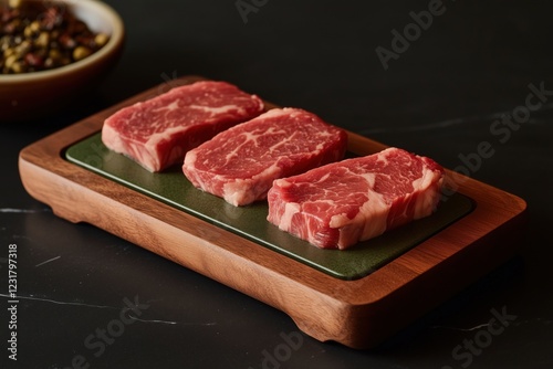 Eco-friendly plant based trays displaying raw meat cuts for sustainable food packaging photo