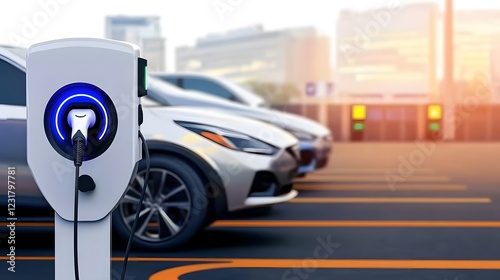 Power supply for electric car charging. Electric car charging station. EV Car battery charger at charge station electro mobilit. Environment friendly Car. Panoramic banner