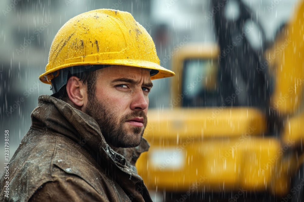 Construction worker in yellow helmet facing the camera on a rainy day, demonstrating resilience and determination in an outdoor work environment. Heavy machinery in background. Construction worker in yellow helmet facing the camera on a rainy day, demonstrating resilience and determination in an outdoor work environment. Heavy machinery in background.
