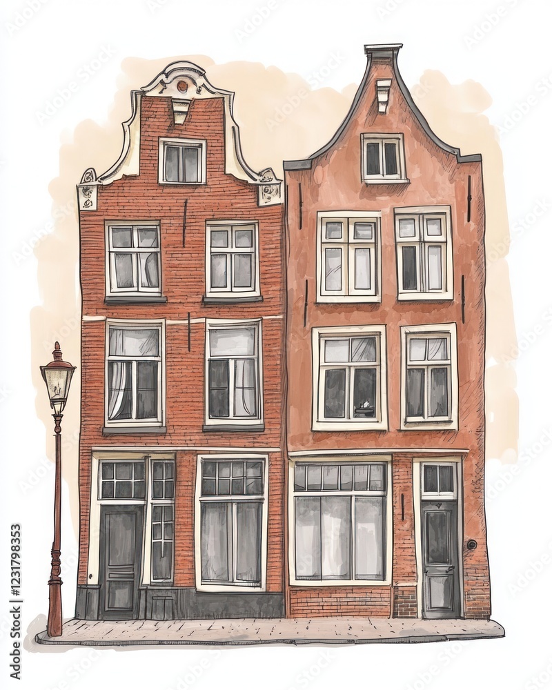 Fototapeta premium Two Traditional Brick Houses with a Lamppost