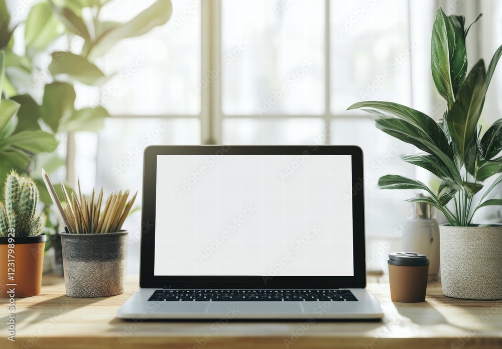 Fototapeta premium A laptop sits on a desk with a potted plant and two other potted plants
