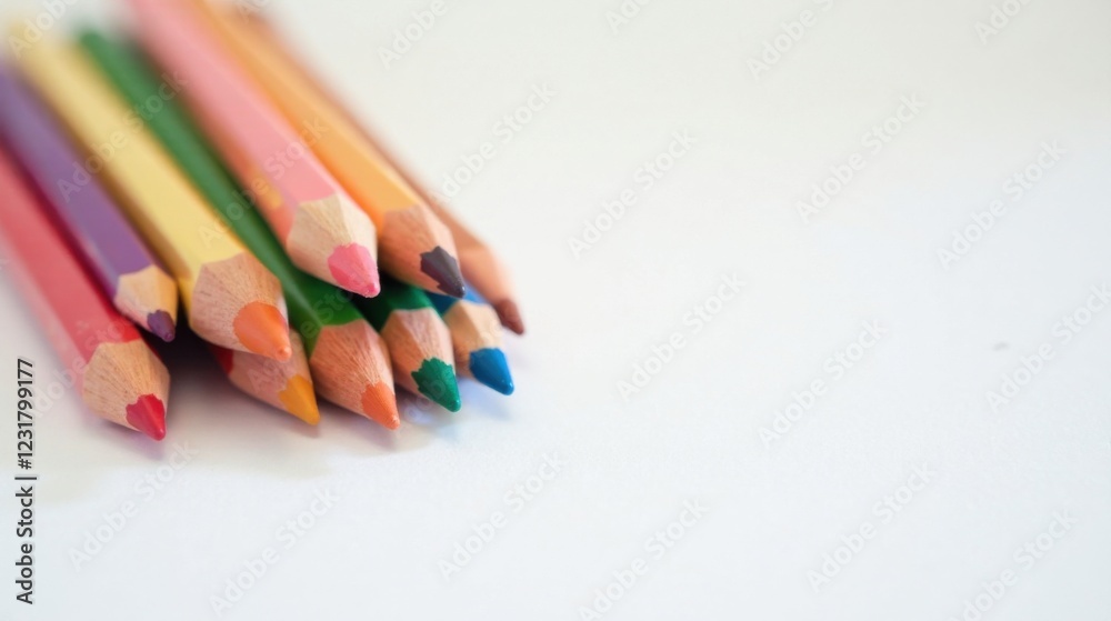 A vibrant collection of colored pencils arranged neatly, showcasing a spectrum of hues and sharp points, ready for creative expression on a pristine white surface. A vibrant collection of colored pencils arranged neatly, showcasing a spectrum of hues and sharp points, ready for creative expression on a pristine white surface.