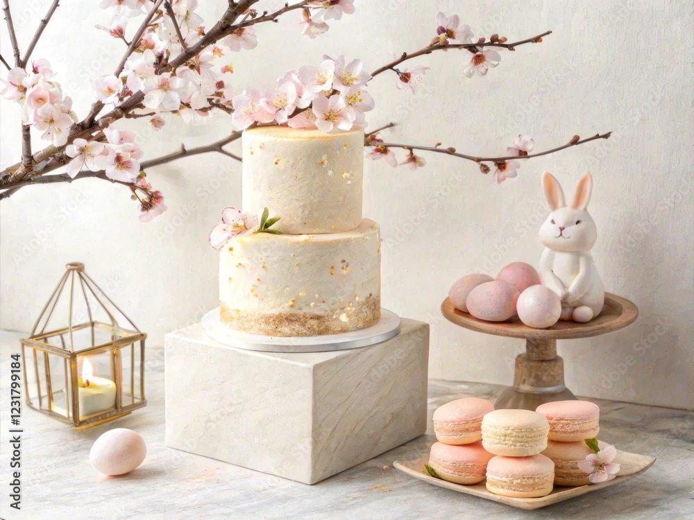 Fototapeta premium two-tiered floral Easter cake decorated with cherry blossom, eggs and small rabbit figurine, pastel colored festive dessert with sakura flowers, AI generated photo