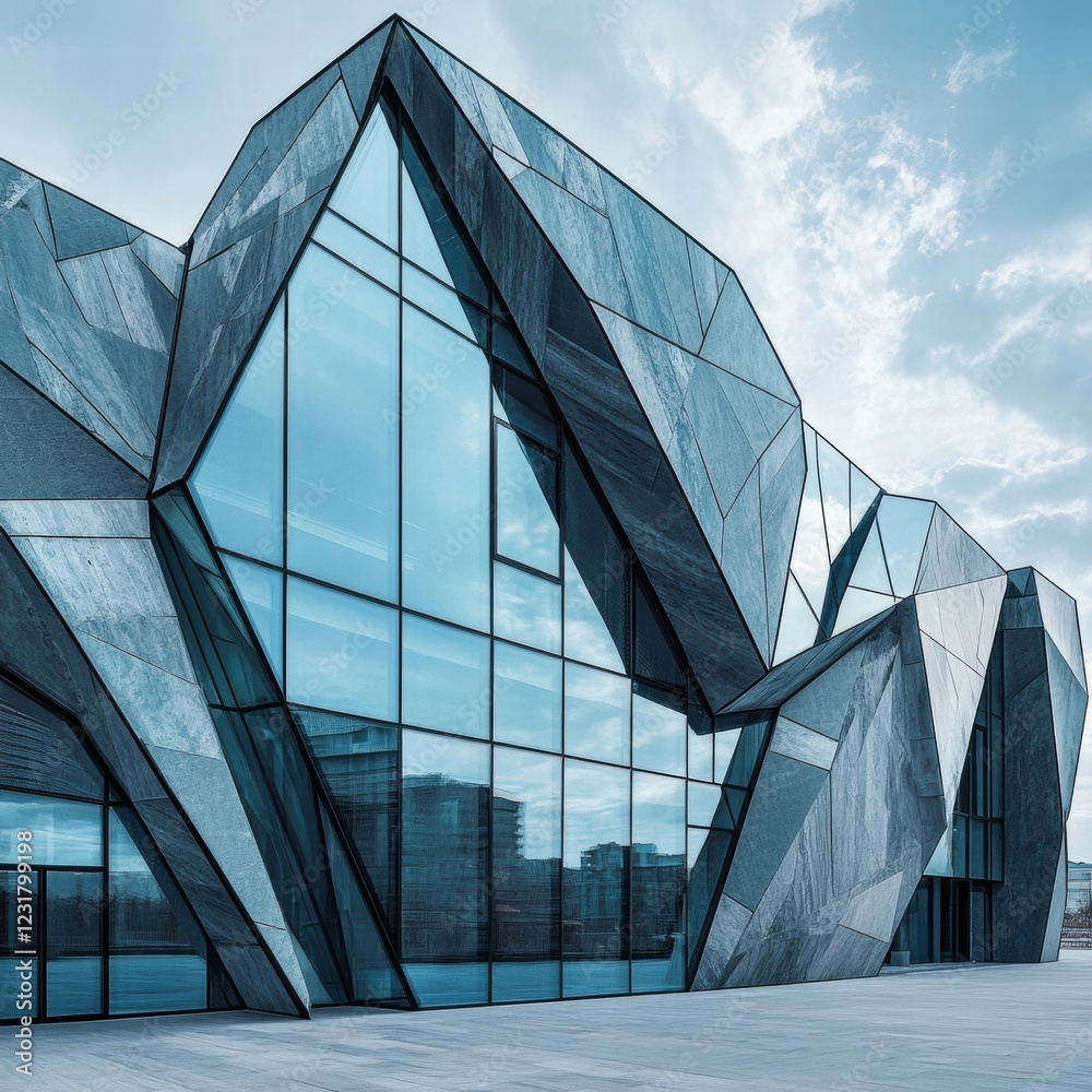Obraz premium A large building with a lot of glass windows and a triangular shape