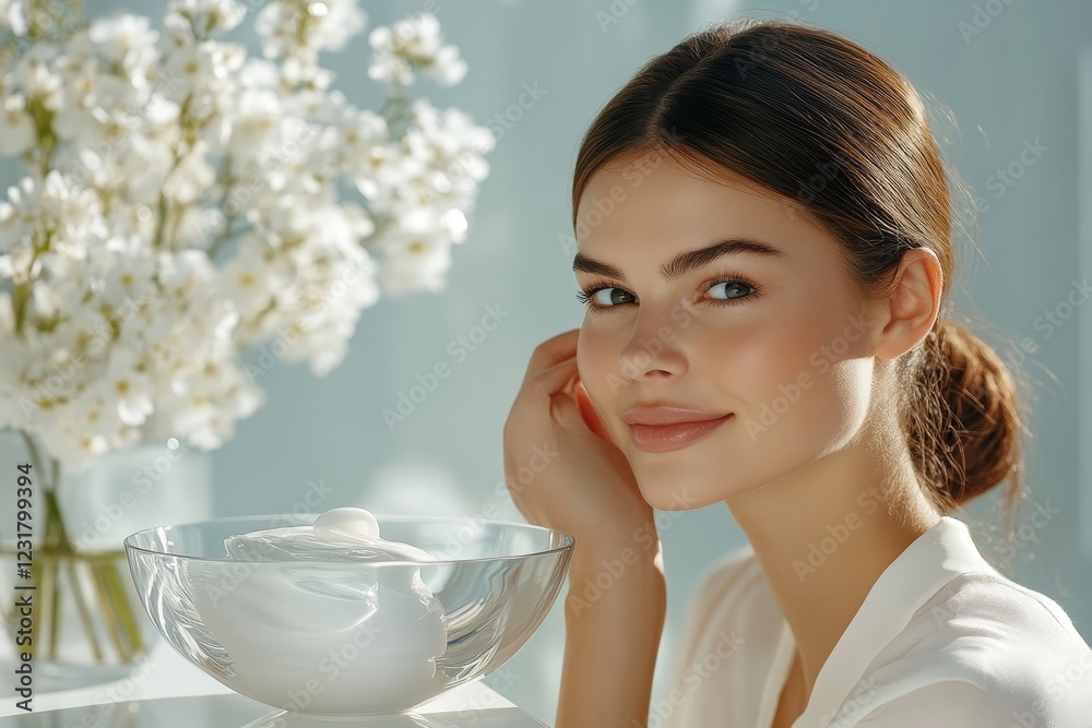 Effortless Elegance: A Serene Moment of Self-Care as a Woman Applies Luxurious Moisturizing Cream for Glowing, Nourished Skin and Unveils the Beauty of Skincare Effortless Elegance: A Serene Moment of Self-Care as a Woman Applies Luxurious Moisturizing Cream for Glowing, Nourished Skin and Unveils the Beauty of Skincare