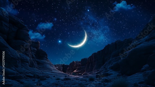 A thin crescent moon glowing softly in a star-filled sky above a rocky canyon.