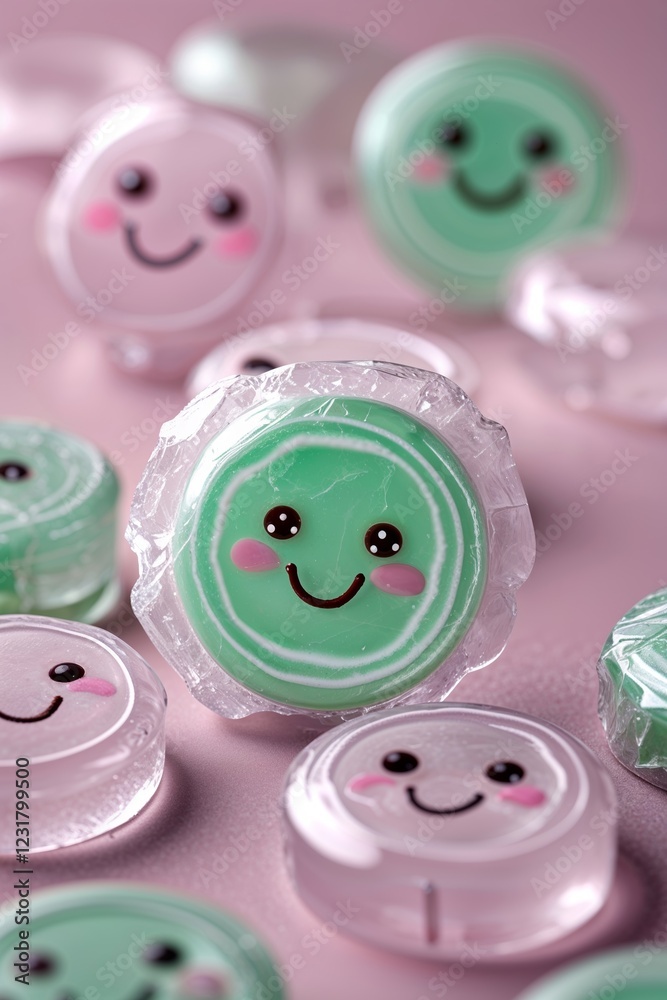 Close Up of Wrapped Green and Pink Round Candies with Happy Faces on Pink Close Up of Wrapped Green and Pink Round Candies with Happy Faces on Pink