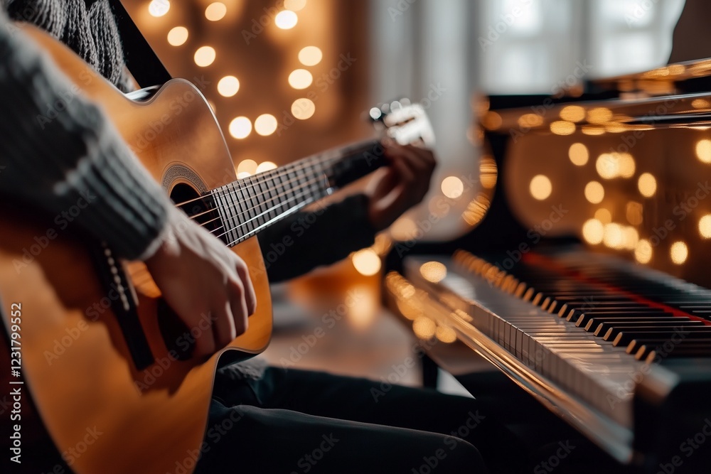 Fototapeta premium A cozy scene featuring a musician playing guitar beside a piano, illuminated by warm, glowing lights in a softly lit room.