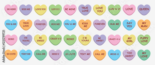Sweet heart candy. Conversation sweets. Set of colorful сonversation hearts with different saying for Valentine's Day. Sweetheart candies. Sweet heart candy isolated on white background	
