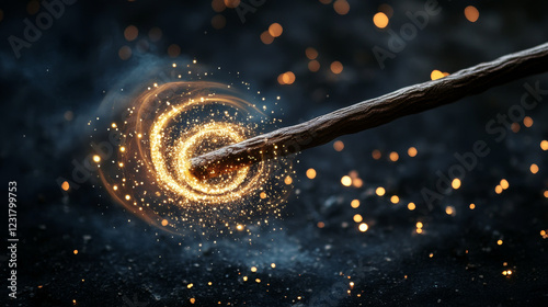 Magic wand with wizard spell sparkle light vector. Magician fairy glitter trail effect with wooden stick on black background. Fantasy spiral vortex shine isolated. Fairytale abracadabra wish neon line
