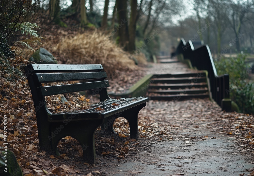 A bench is sitting on a path with leaves on the ground A bench is sitting on a path with leaves on the ground