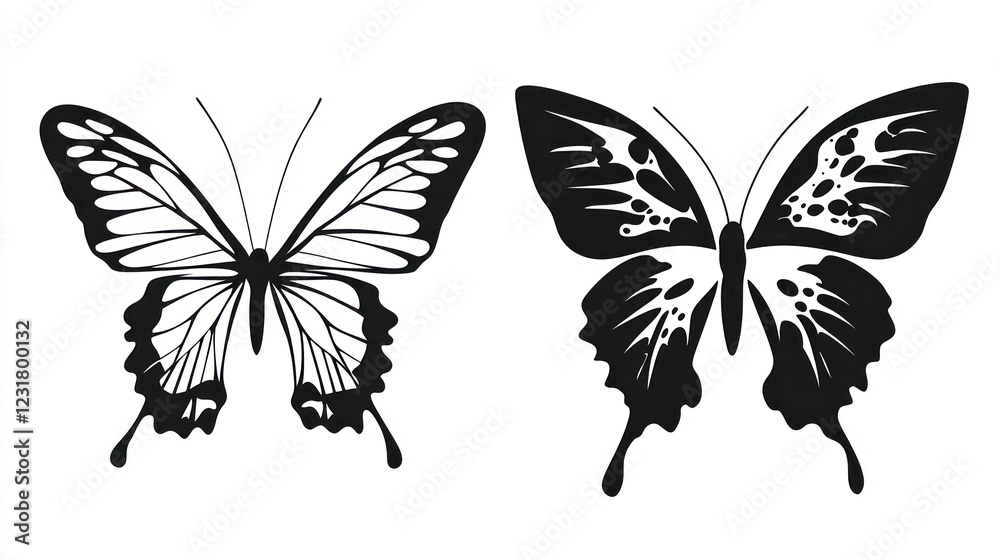 Two black butterfly silhouettes, isolated, nature graphic, design element Two black butterfly silhouettes, isolated, nature graphic, design element